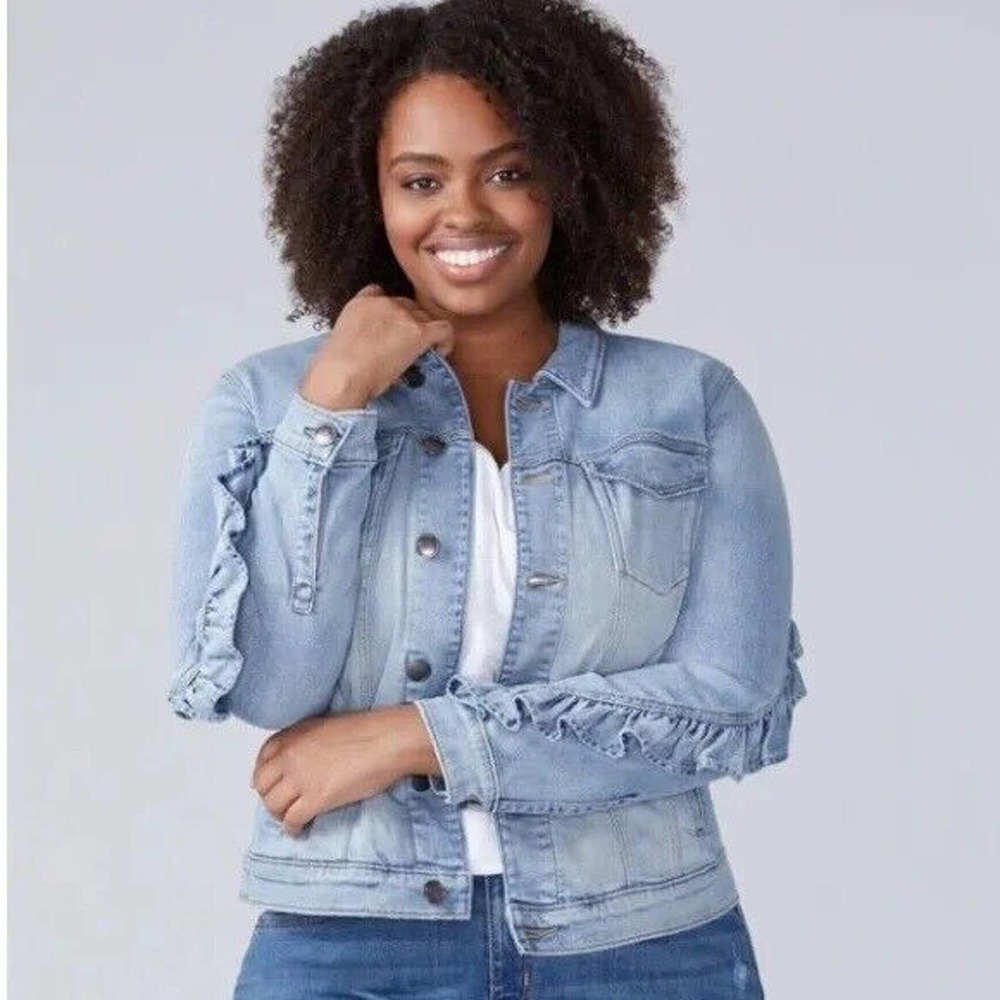 Lane Bryant Ruffled Denim Jean Jacket Blue Light Wash Womens Plus Size 24 H14229 - Picture 1 of 8